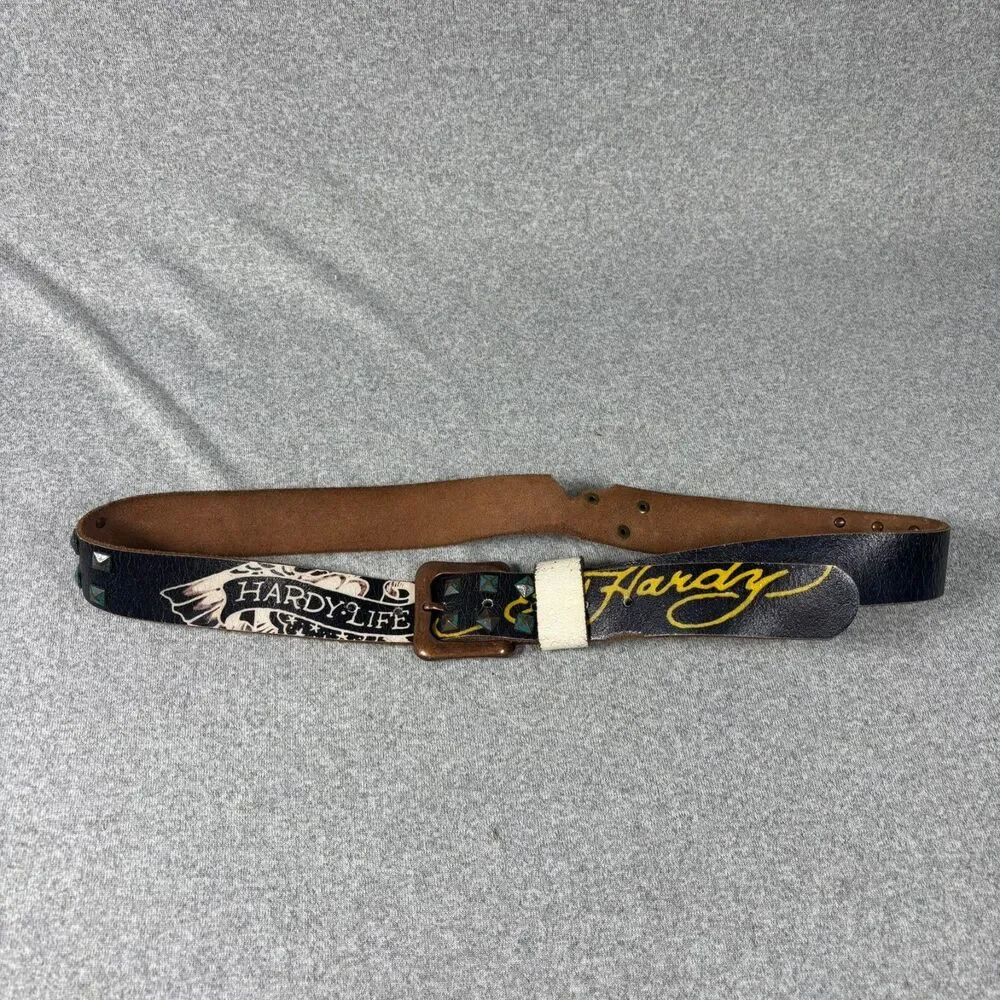 Ed Hardy Black Leather Studded Graphic Belt Skull Tiger Y2K Punk Rock